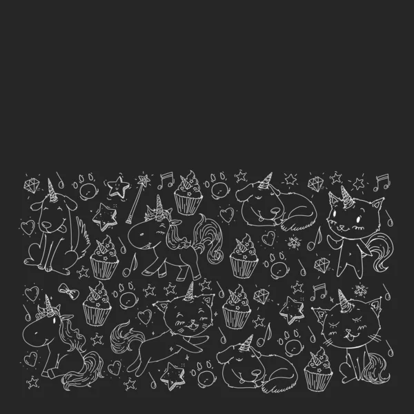 Muster mit Einhörnern, Regenbogen, Konfetti und anderen Elementen. Vektor-Hintergrund mit Aufklebern, Stecknadeln, Patches in Cartoon. Katzen und Hunde. — Stockvektor