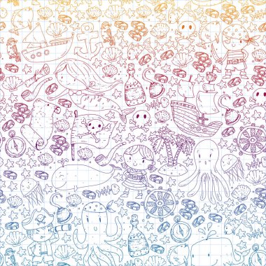 Vektör korsan çizgi film tarzında ayarlandı. İçinde korsanlar, gemi, balina, yengeç, ahtapot, deniz kızı, rom, çapa, hazine, balık, ada ve papağan olan tatlı kart..