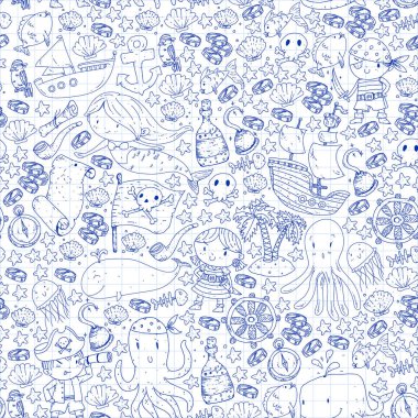 Vektör korsan çizgi film tarzında ayarlandı. İçinde korsanlar, gemi, balina, yengeç, ahtapot, deniz kızı, rom, çapa, hazine, balık, ada ve papağan olan tatlı kart..