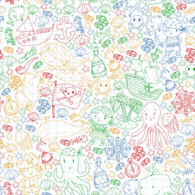 Vektör korsan çizgi film tarzında ayarlandı. İçinde korsanlar, gemi, balina, yengeç, ahtapot, deniz kızı, rom, çapa, hazine, balık, ada ve papağan olan tatlı kart..