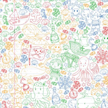 Vektör korsan çizgi film tarzında ayarlandı. İçinde korsanlar, gemi, balina, yengeç, ahtapot, deniz kızı, rom, çapa, hazine, balık, ada ve papağan olan tatlı kart..