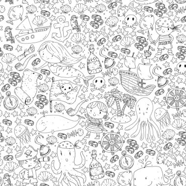 Vektör korsan çizgi film tarzında ayarlandı. İçinde korsanlar, gemi, balina, yengeç, ahtapot, deniz kızı, rom, çapa, hazine, balık, ada ve papağan olan tatlı kart..