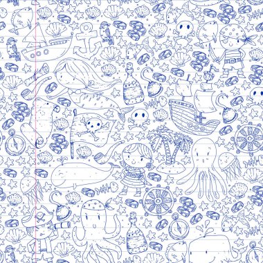 Vektör korsan çizgi film tarzında ayarlandı. İçinde korsanlar, gemi, balina, yengeç, ahtapot, deniz kızı, rom, çapa, hazine, balık, ada ve papağan olan tatlı kart..