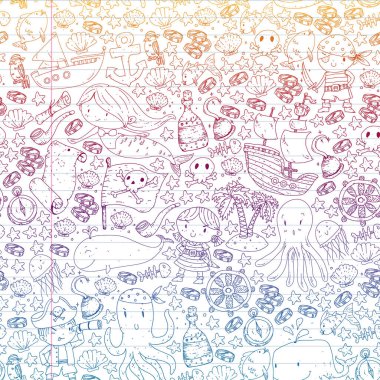 Vektör korsan çizgi film tarzında ayarlandı. İçinde korsanlar, gemi, balina, yengeç, ahtapot, deniz kızı, rom, çapa, hazine, balık, ada ve papağan olan tatlı kart..