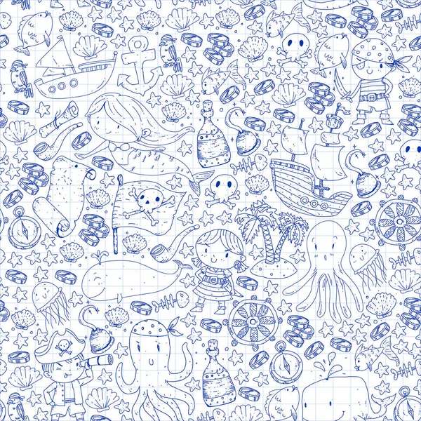 Vektör korsan çizgi film tarzında ayarlandı. İçinde korsanlar, gemi, balina, yengeç, ahtapot, deniz kızı, rom, çapa, hazine, balık, ada ve papağan olan tatlı kart..