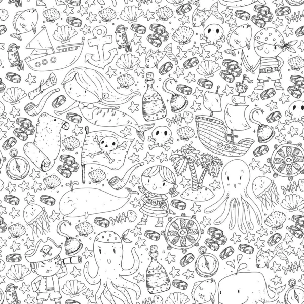 Vektör korsan çizgi film tarzında ayarlandı. İçinde korsanlar, gemi, balina, yengeç, ahtapot, deniz kızı, rom, çapa, hazine, balık, ada ve papağan olan tatlı kart..