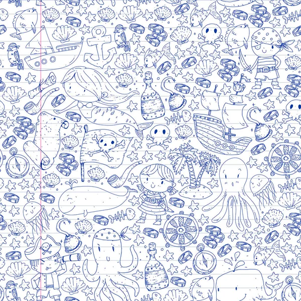 Vektör korsan çizgi film tarzında ayarlandı. İçinde korsanlar, gemi, balina, yengeç, ahtapot, deniz kızı, rom, çapa, hazine, balık, ada ve papağan olan tatlı kart..