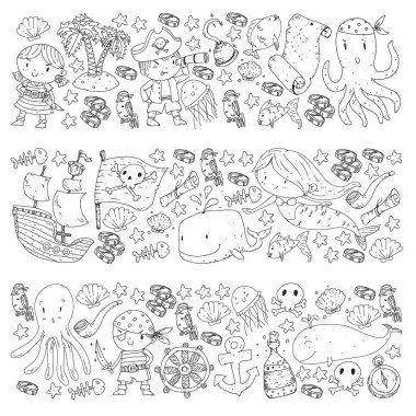 Vektör korsan çizgi film tarzında ayarlandı. İçinde korsanlar, gemi, balina, yengeç, ahtapot, deniz kızı, rom, çapa, hazine, balık, ada ve papağan olan tatlı kart..