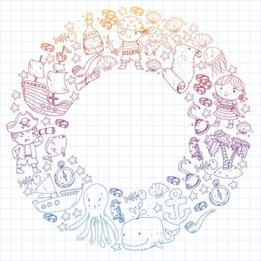 Vektör korsan çizgi film tarzında ayarlandı. İçinde korsanlar, gemi, balina, yengeç, ahtapot, deniz kızı, rom, çapa, hazine, balık, ada ve papağan olan tatlı kart..