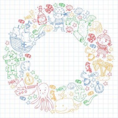 Vektör korsan çizgi film tarzında ayarlandı. İçinde korsanlar, gemi, balina, yengeç, ahtapot, deniz kızı, rom, çapa, hazine, balık, ada ve papağan olan tatlı kart..