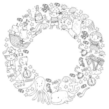 Vektör korsan çizgi film tarzında ayarlandı. İçinde korsanlar, gemi, balina, yengeç, ahtapot, deniz kızı, rom, çapa, hazine, balık, ada ve papağan olan tatlı kart..