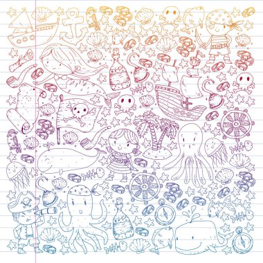 Vektör korsan çizgi film tarzında ayarlandı. İçinde korsanlar, gemi, balina, yengeç, ahtapot, deniz kızı, rom, çapa, hazine, balık, ada ve papağan olan tatlı kart..