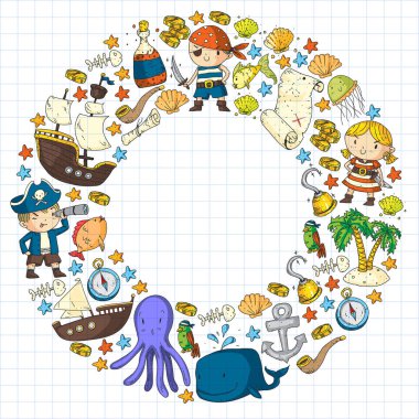 Vektör korsan çizgi film tarzında ayarlandı. İçinde korsanlar, gemi, balina, yengeç, ahtapot, deniz kızı, rom, çapa, hazine, balık, ada ve papağan olan tatlı kart..
