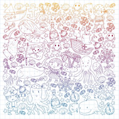 Vektör korsan çizgi film tarzında ayarlandı. İçinde korsanlar, gemi, balina, yengeç, ahtapot, deniz kızı, rom, çapa, hazine, balık, ada ve papağan olan tatlı kart..