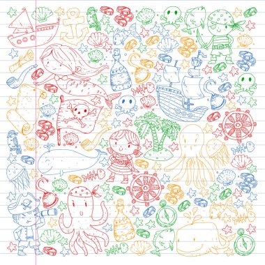 Vektör korsan çizgi film tarzında ayarlandı. İçinde korsanlar, gemi, balina, yengeç, ahtapot, deniz kızı, rom, çapa, hazine, balık, ada ve papağan olan tatlı kart..