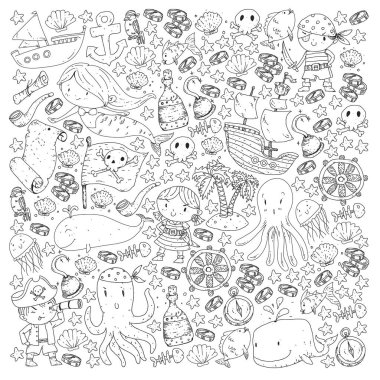 Vektör korsan çizgi film tarzında ayarlandı. İçinde korsanlar, gemi, balina, yengeç, ahtapot, deniz kızı, rom, çapa, hazine, balık, ada ve papağan olan tatlı kart..