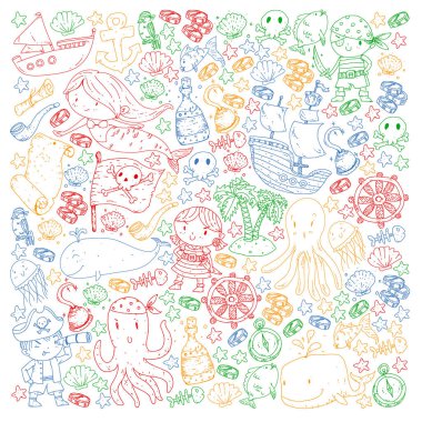 Vektör korsan çizgi film tarzında ayarlandı. İçinde korsanlar, gemi, balina, yengeç, ahtapot, deniz kızı, rom, çapa, hazine, balık, ada ve papağan olan tatlı kart..