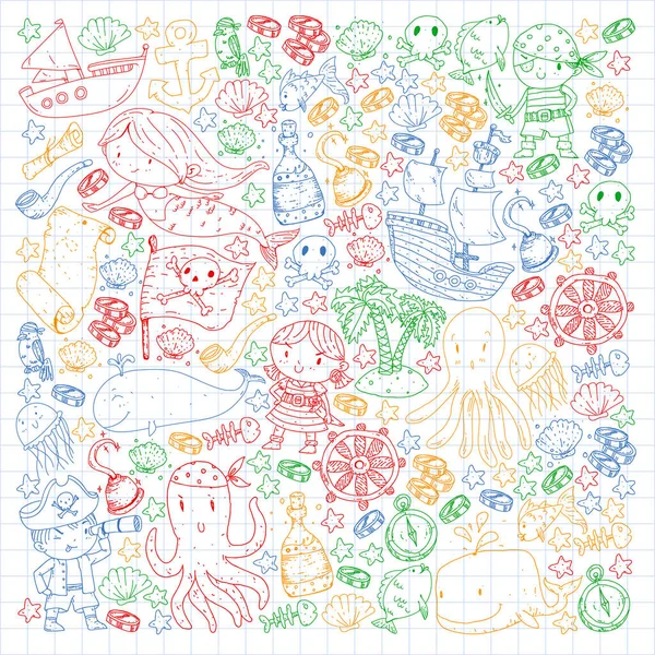 Vektör korsan çizgi film tarzında ayarlandı. İçinde korsanlar, gemi, balina, yengeç, ahtapot, deniz kızı, rom, çapa, hazine, balık, ada ve papağan olan tatlı kart..