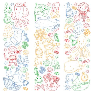 Vektör korsan çizgi film tarzında ayarlandı. İçinde korsanlar, gemi, balina, yengeç, ahtapot, deniz kızı, rom, çapa, hazine, balık, ada ve papağan olan tatlı kart..