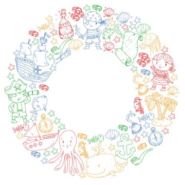 Vektör korsan çizgi film tarzında ayarlandı. İçinde korsanlar, gemi, balina, yengeç, ahtapot, deniz kızı, rom, çapa, hazine, balık, ada ve papağan olan tatlı kart..