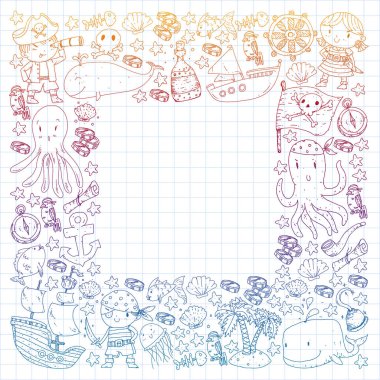 Vektör korsan çizgi film tarzında ayarlandı. İçinde korsanlar, gemi, balina, yengeç, ahtapot, deniz kızı, rom, çapa, hazine, balık, ada ve papağan olan tatlı kart..