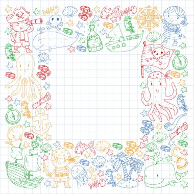 Vektör korsan çizgi film tarzında ayarlandı. İçinde korsanlar, gemi, balina, yengeç, ahtapot, deniz kızı, rom, çapa, hazine, balık, ada ve papağan olan tatlı kart..