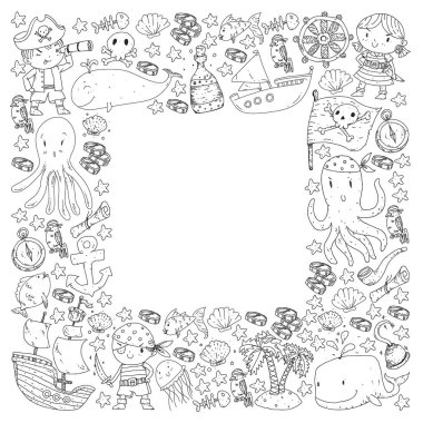 Vektör korsan çizgi film tarzında ayarlandı. İçinde korsanlar, gemi, balina, yengeç, ahtapot, deniz kızı, rom, çapa, hazine, balık, ada ve papağan olan tatlı kart..