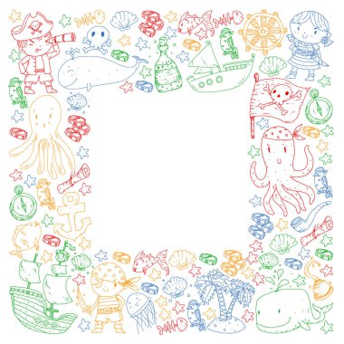 Vektör korsan çizgi film tarzında ayarlandı. İçinde korsanlar, gemi, balina, yengeç, ahtapot, deniz kızı, rom, çapa, hazine, balık, ada ve papağan olan tatlı kart..