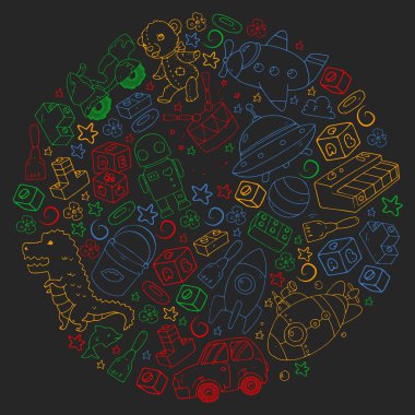 Küçük çocuklar için vektör oyuncakları. Ufo, denizaltı. Çizgi film dinozoru. Anaokulu çocukları.