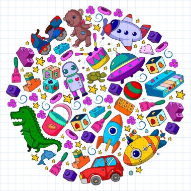 Küçük çocuklar için vektör oyuncakları. Ufo, denizaltı. Çizgi film dinozoru. Anaokulu çocukları.