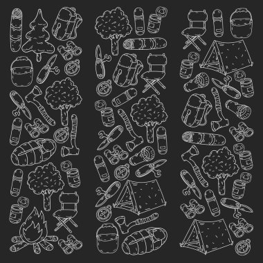 Vektör çizimi, desen. Büyük kümeli doğrusal kamp ve seyahat simgesi