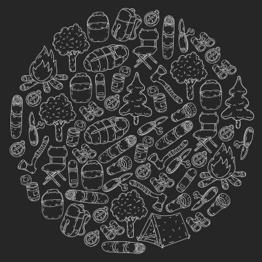 Vektör çizimi, desen. Büyük kümeli doğrusal kamp ve seyahat simgesi