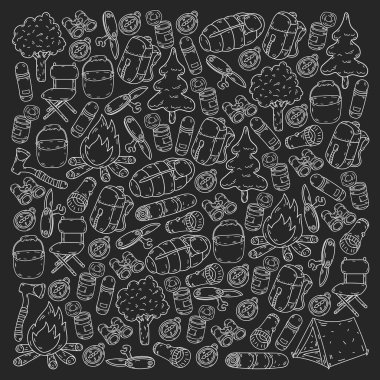 Vektör çizimi, desen. Büyük kümeli doğrusal kamp ve seyahat simgesi