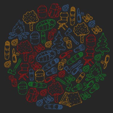 Vektör çizimi, desen. Büyük kümeli doğrusal kamp ve seyahat simgesi