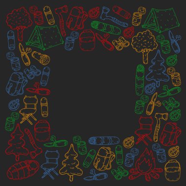 Vektör çizimi, desen. Büyük kümeli doğrusal kamp ve seyahat simgesi