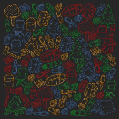 Vektör çizimi, desen. Büyük kümeli doğrusal kamp ve seyahat simgesi