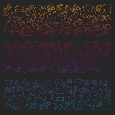 Vektör çizimi, desen. Büyük kümeli doğrusal kamp ve seyahat simgesi