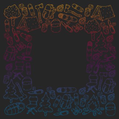 Vektör çizimi, desen. Büyük kümeli doğrusal kamp ve seyahat simgesi