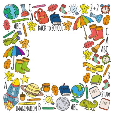 Okulun arka planına. Okula geri dönüyorum. Süper alışveriş. Süper satış. Vektör çizimi. Okula hoş geldin deseni..