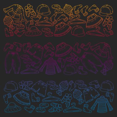 Vektör çocuk modası. Küçük kızlar ve oğlanlar için güzel elbiseler.