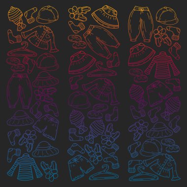 Vektör çocuk modası. Küçük kızlar ve oğlanlar için güzel elbiseler.