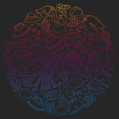 Vektör çocuk modası. Küçük kızlar ve oğlanlar için güzel elbiseler.