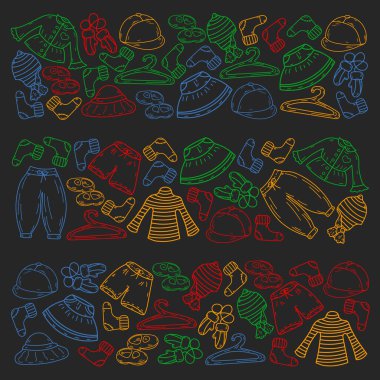 Vektör çocuk modası. Küçük kızlar ve oğlanlar için güzel elbiseler.