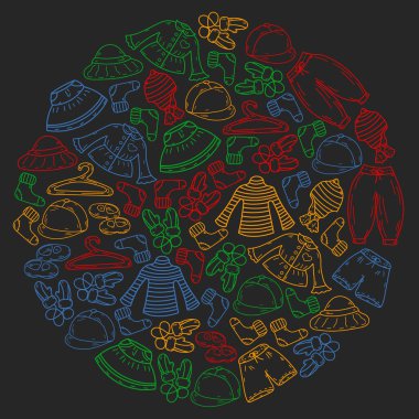 Vektör çocuk modası. Küçük kızlar ve oğlanlar için güzel elbiseler.