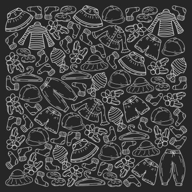 Vektör çocuk modası. Küçük kızlar ve oğlanlar için güzel elbiseler.