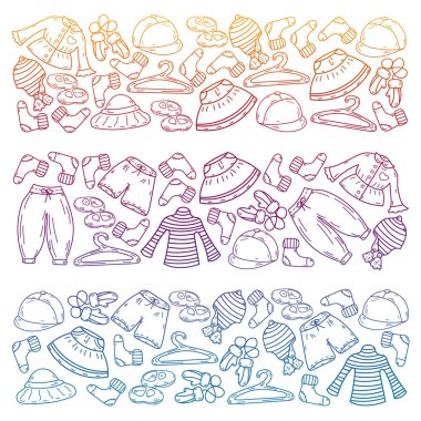 Vektör çocuk modası. Küçük kızlar ve oğlanlar için güzel elbiseler.