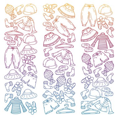 Vektör çocuk modası. Küçük kızlar ve oğlanlar için güzel elbiseler.