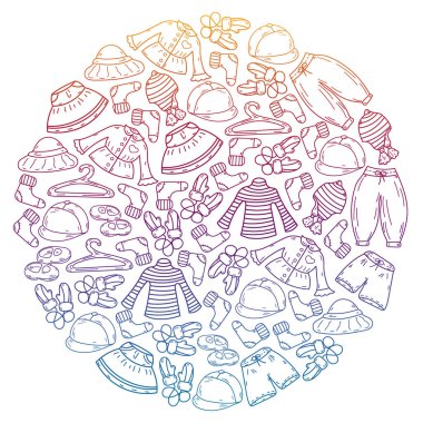 Vektör çocuk modası. Küçük kızlar ve oğlanlar için güzel elbiseler.