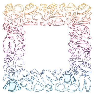 Vektör çocuk modası. Küçük kızlar ve oğlanlar için güzel elbiseler.