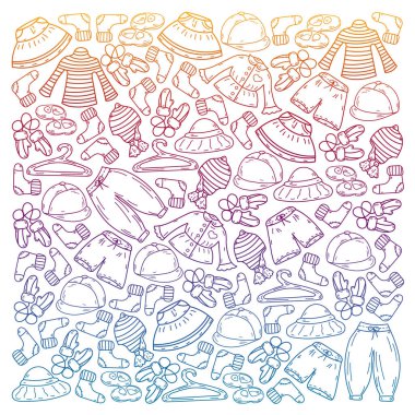 Vektör çocuk modası. Küçük kızlar ve oğlanlar için güzel elbiseler.